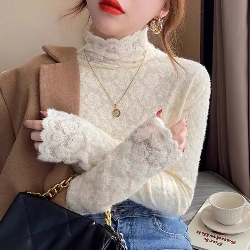 【锦衣服饰】SR 8028韩系时尚百搭绒感玫瑰蕾丝打底