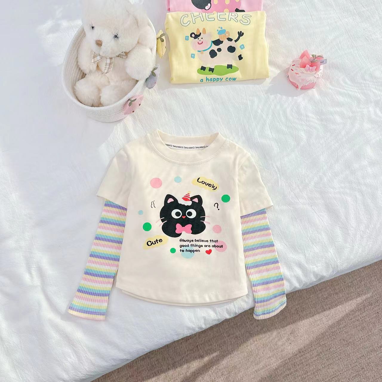 【Dannirabbit】*卡通风+条纹百搭*假两件女童打底衫 D-W283 