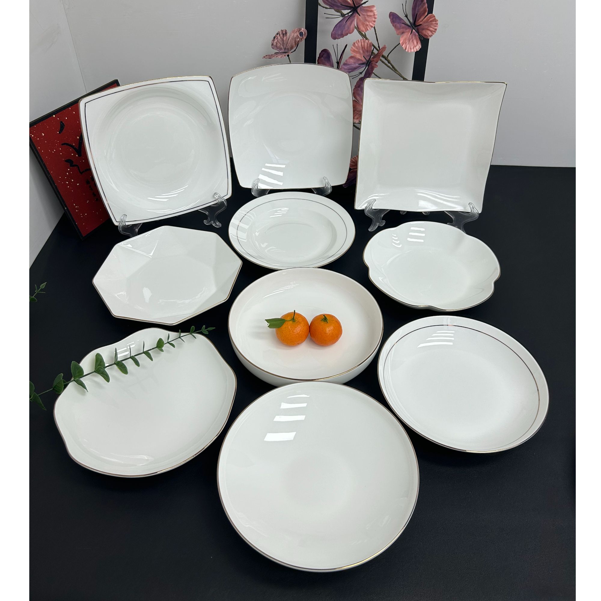 景德镇高温骨瓷8英寸【10个菜盘子组合】轻奢金边异形家用漂亮餐具