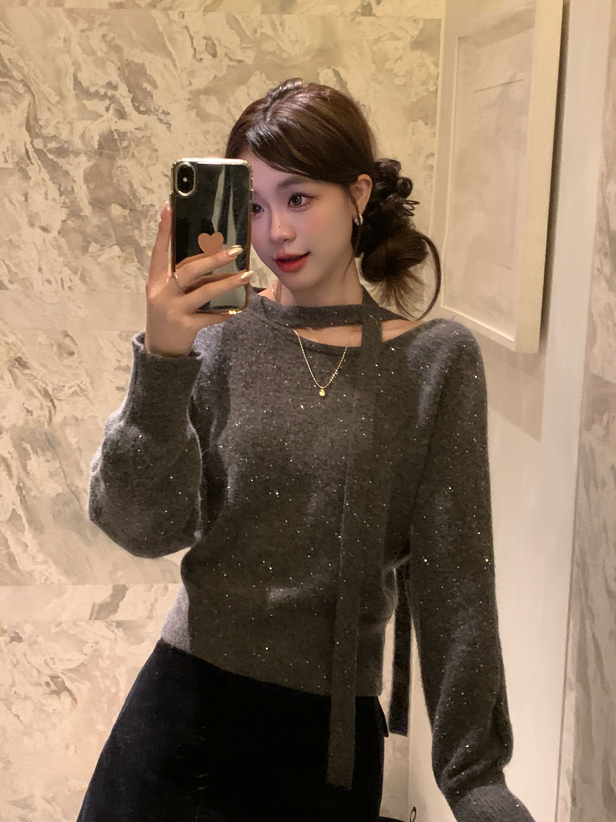 亮片飘带加厚羊绒毛衣女新款秋冬可外穿收腰内搭打底针织上衣8032