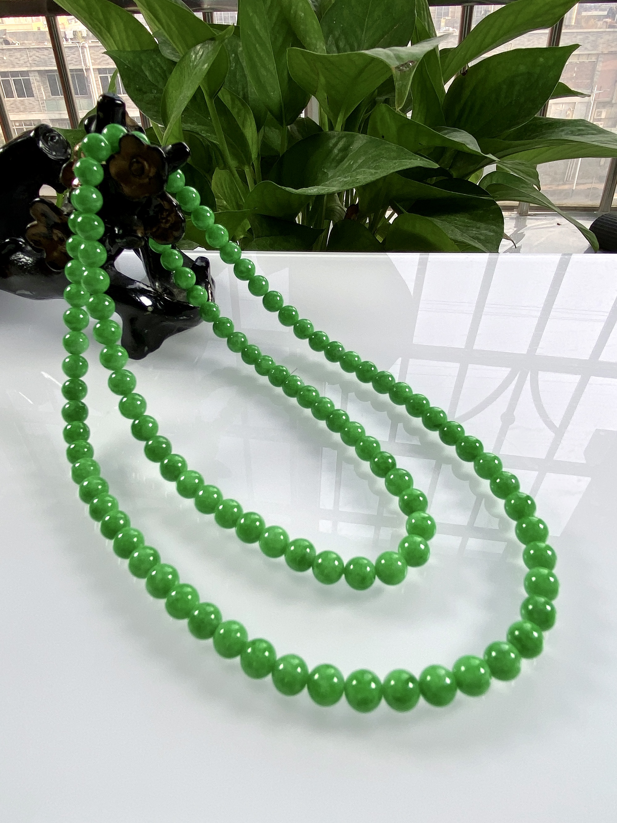 收藏级别，缅甸天然翡翠A货，卡6冰糯种起胶满绿浓阳绿圆珠项链4091