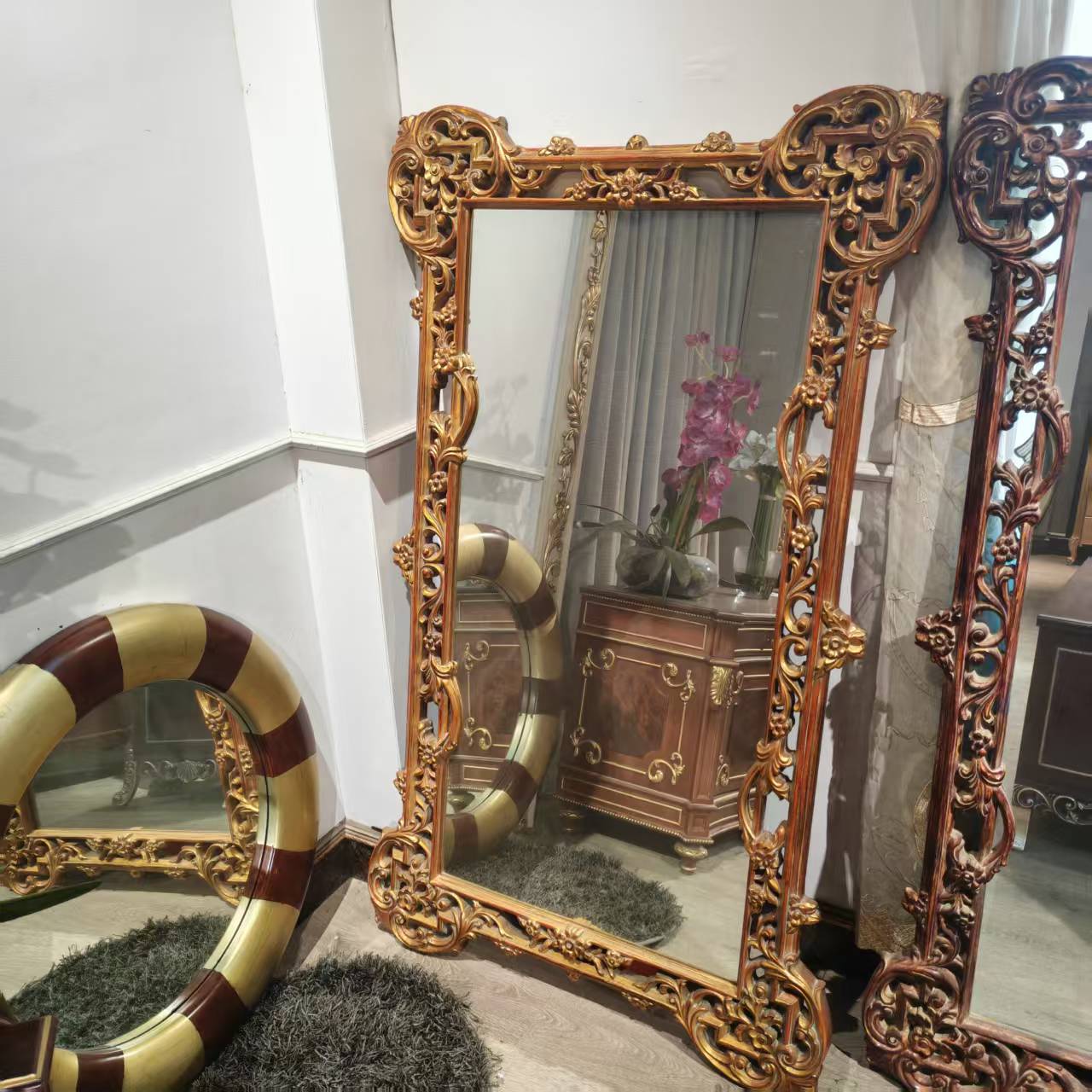 法式宫廷实木雕花复古做旧化妆镜890*45*1500H