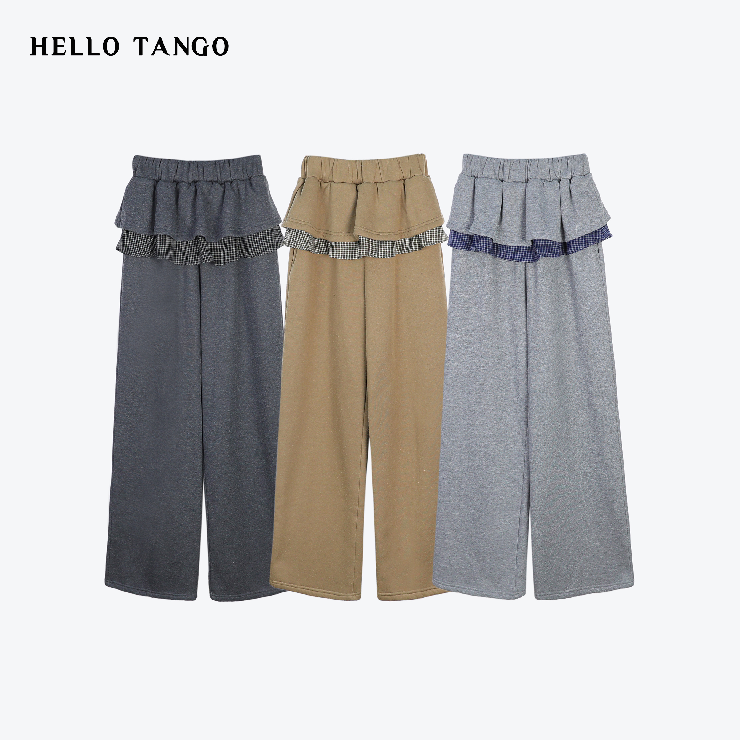 HELLOTANGO《鬼马新秀》小众复古拼接花边格纹假两件加绒卫裤54154#