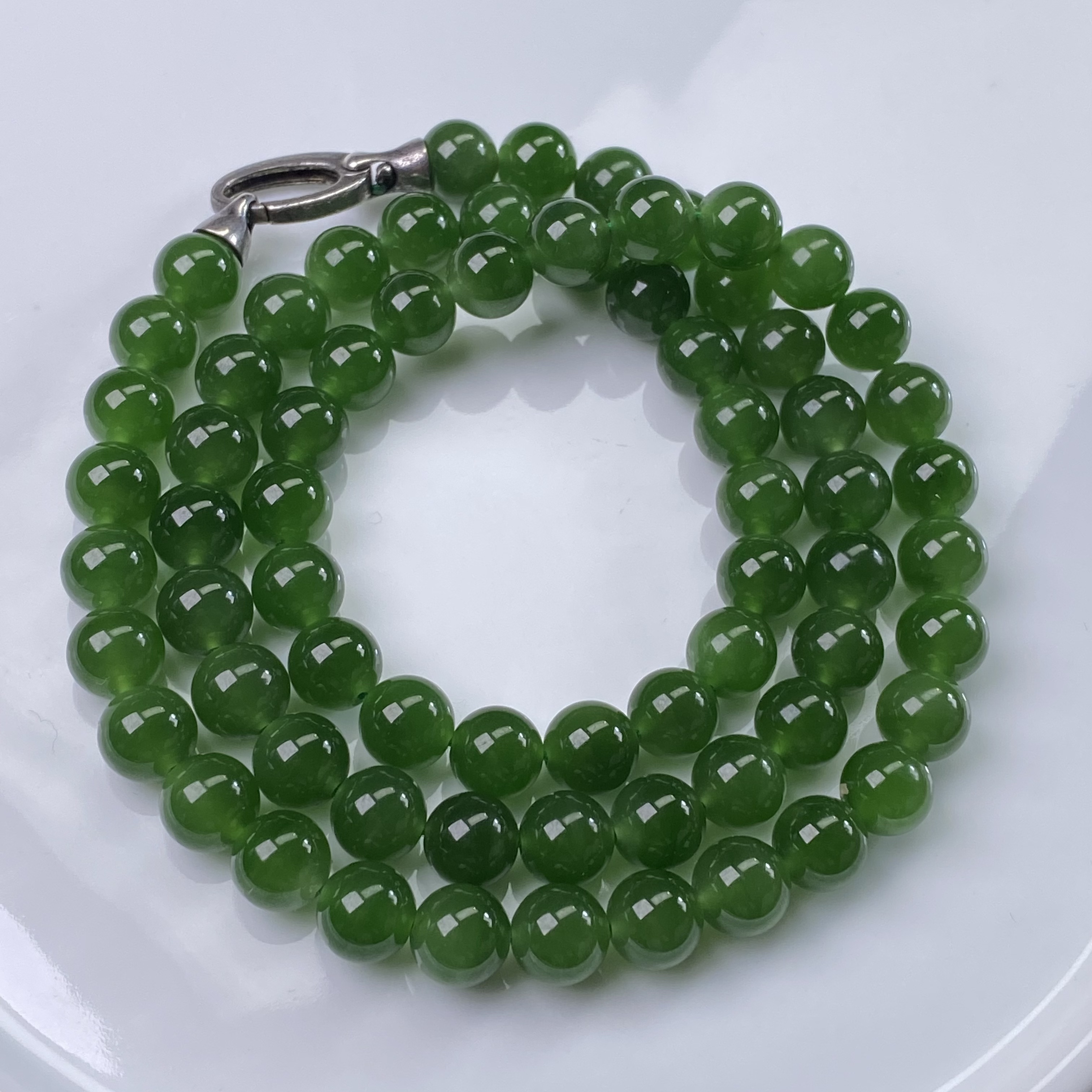 【芳華家】和田碧玉7.5-8MM冰底菠菜绿（中长链68颗）项链