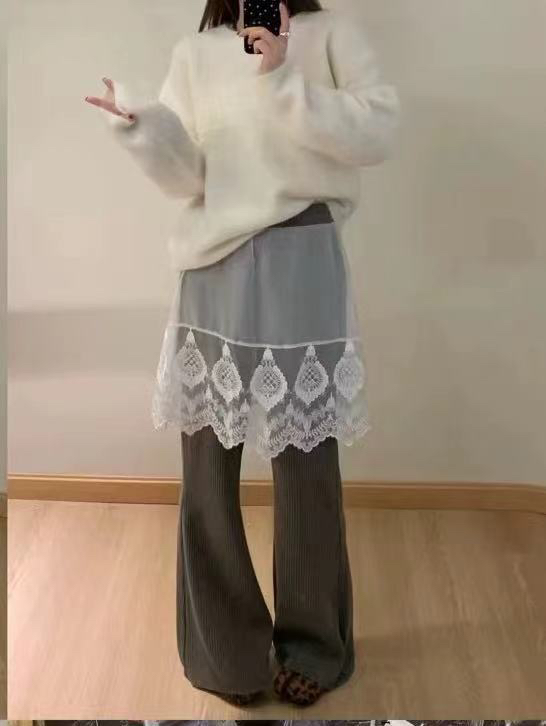 韩系洋气蕾丝拼接休闲阔腿裤女2024冬季新款高腰宽松显瘦直筒长裤