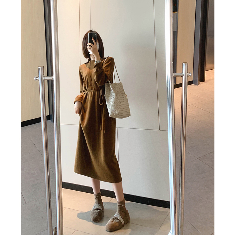 漫颜刘羊毛衬衫连衣裙2021秋冬新品长袖宽松套头高腰针织A字裙