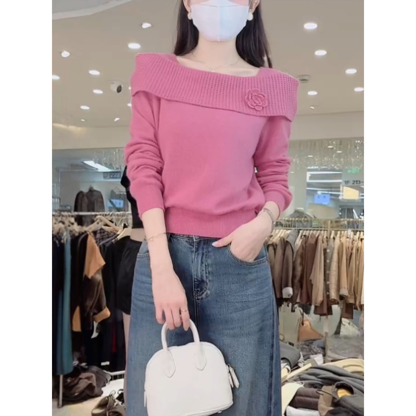 韩版一字肩立体花朵针织衫秋装新款显瘦纯色套头毛衣百搭长袖上衣