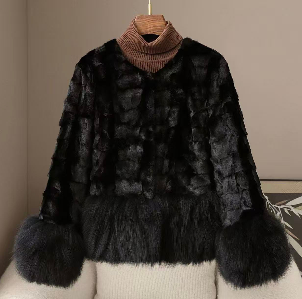 【轻奢时尚】海宁设计师短款长袖皮草外套女圆领水貂皮草100%真貂毛