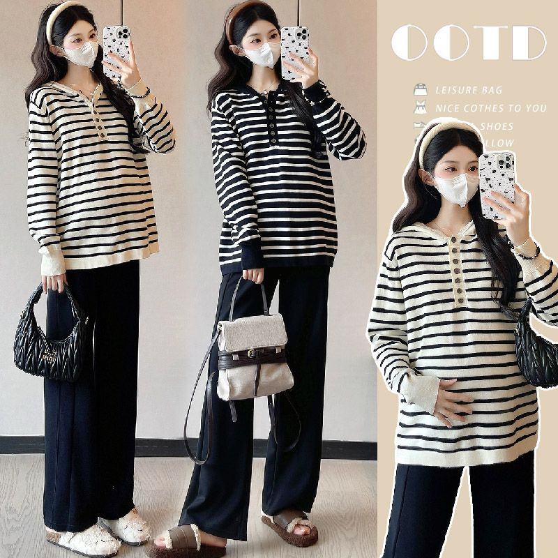孕妇时尚套装2025秋季新款连帽条纹毛衣慵懒感百搭上衣搭配阔腿裤