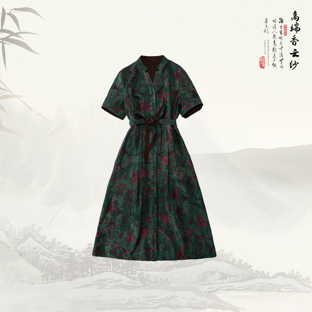 品牌新款宽松慵懒气质印花V领单排扣短袖连衣裙526236碎花