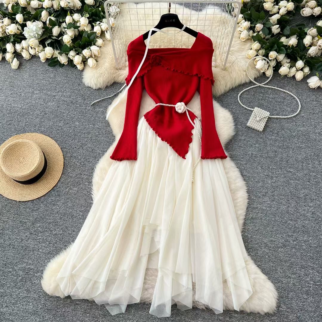 斜肩翻领一字领长袖拼接连衣裙设计感吊带裙法式甜美