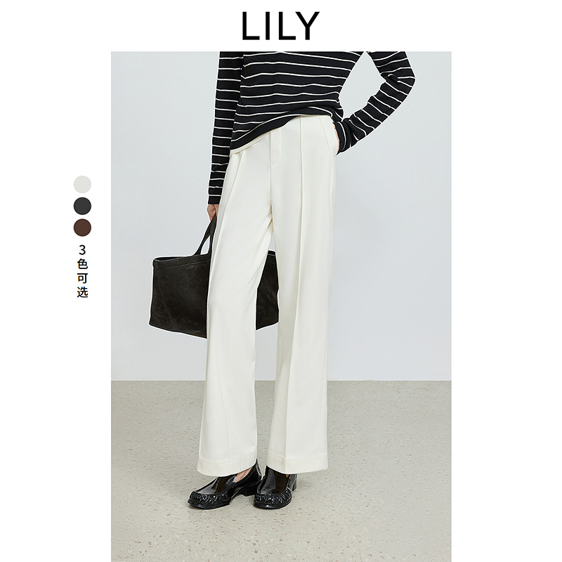 LILY2025冬新款女装弹力纯色通勤加厚休闲直筒阔腿裤125409V5903