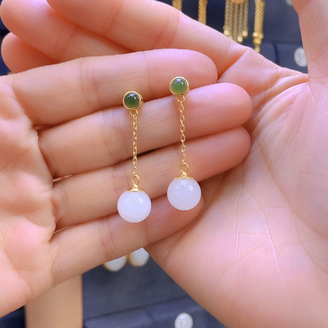 和田玉耳饰银S925镀金镶嵌