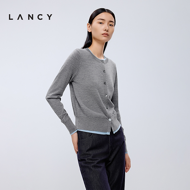 【100%羊毛】LANCY/朗姿2025春新款气质假两件圆领短款针织开衫女