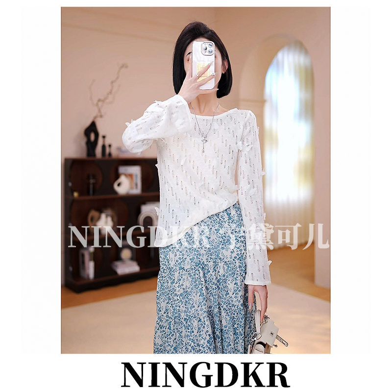 优B40366气质立体提花蝴蝶镂空长袖罩衫新款温柔上衣法式衬衫