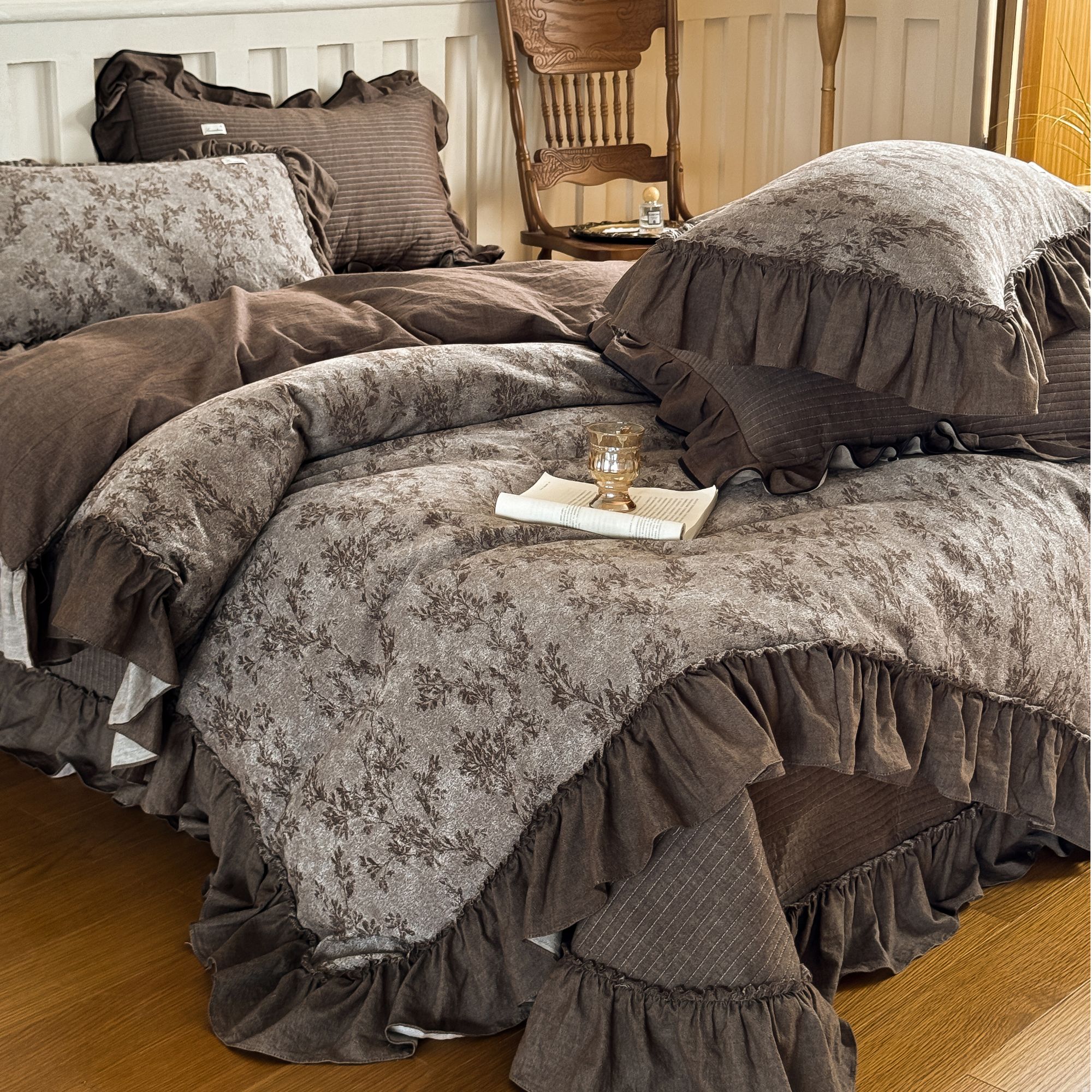 十七【木野床盖】侘寂淡人感！中古美式花边款全棉色织纯棉四件套