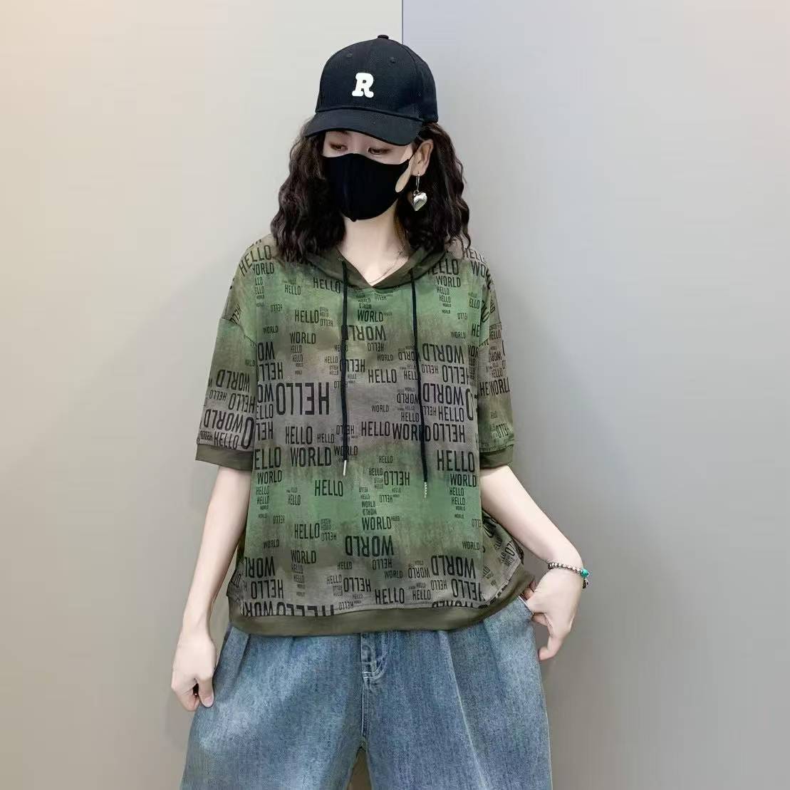 短袖印花常规宽松型字母休闲风连帽T恤有弹力大码显瘦洋气时尚ol