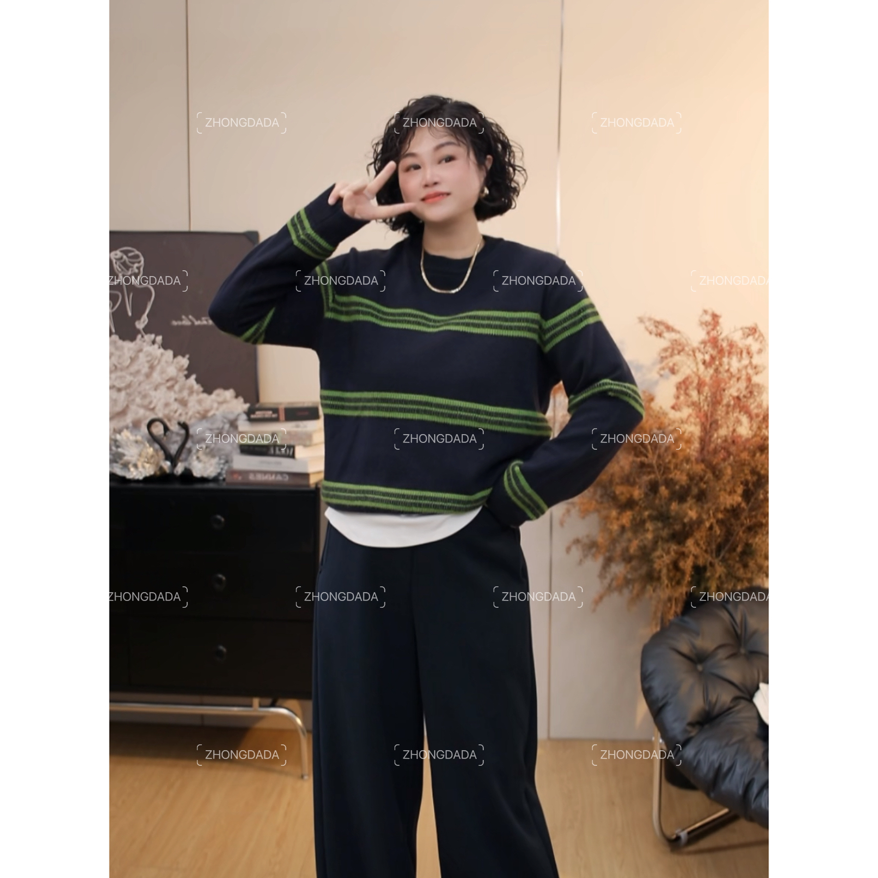 ZHONG大大【】撞色条纹宽松显瘦圆领针织套头毛衣12115