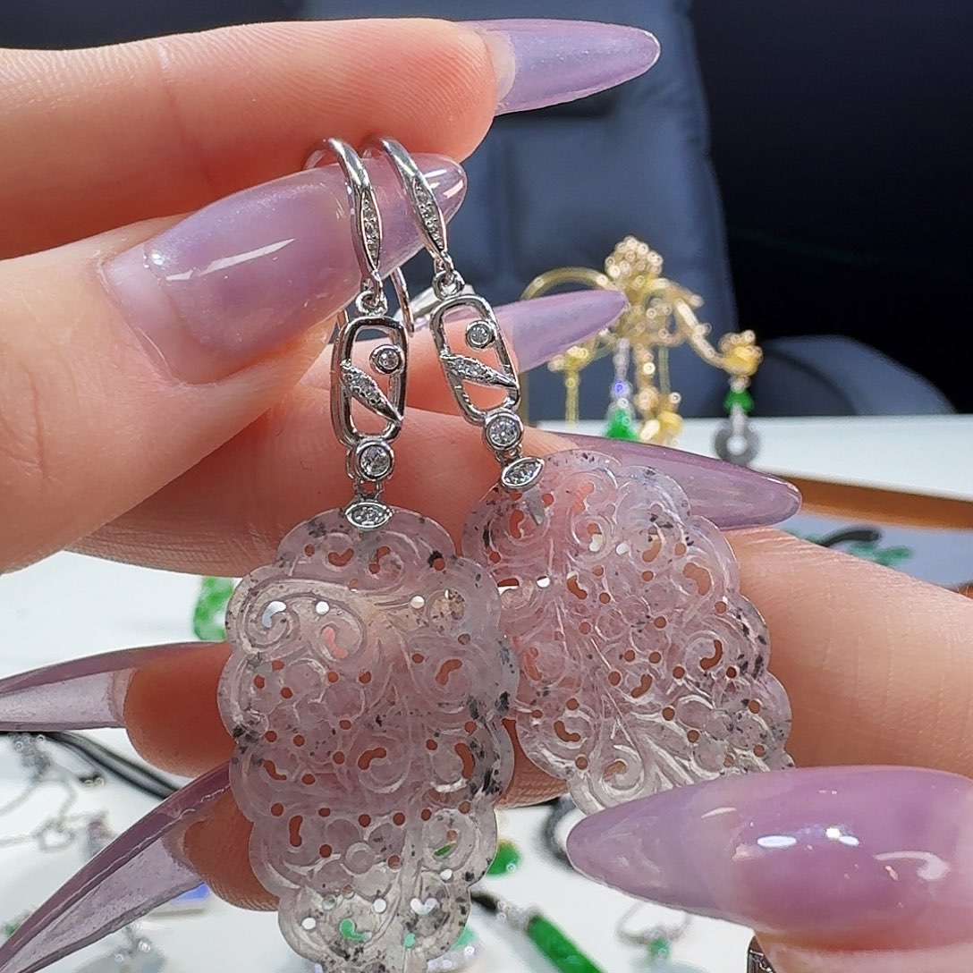 灵***子翡翠银S925镶嵌耳饰925