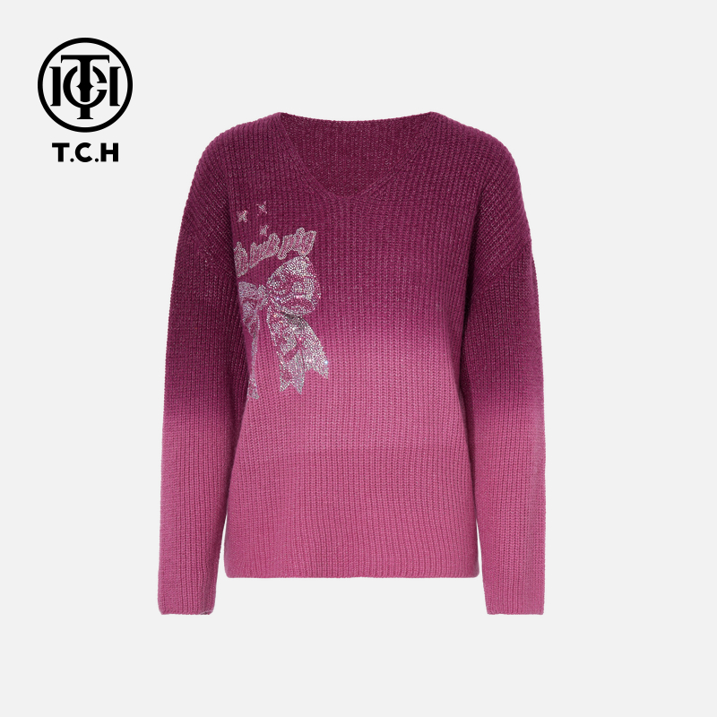 TCH私服秋冬慵懒风烫钻时尚淑女玫红色针织衫T75D09E1053轻奢tch