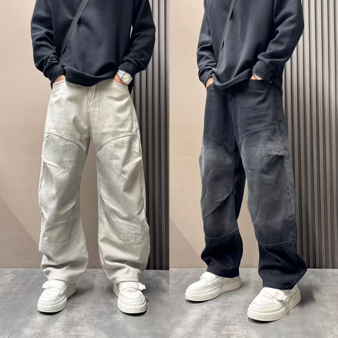 秋冬款美式高街直筒裤加绒宽松阔腿裤痞帅设计感复古工装牛仔裤