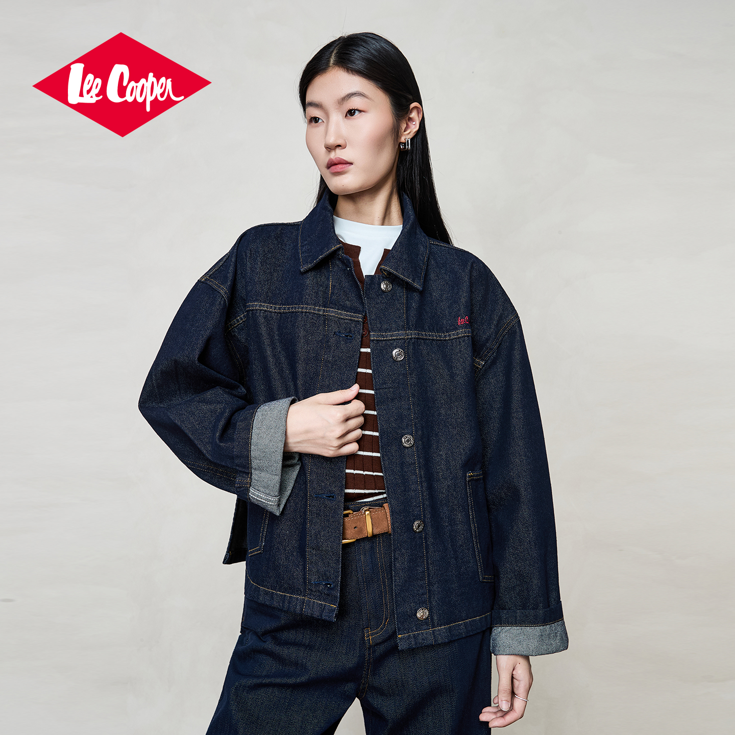 LeeCooper深色牛仔外套女2025秋季新款基础潮流复古休闲外套百搭