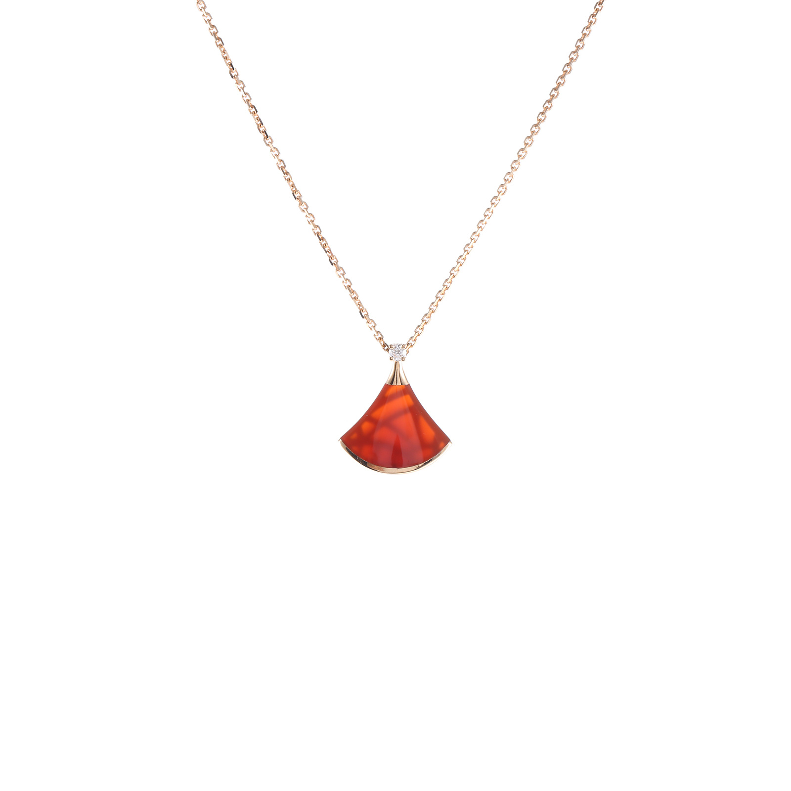 99新 BVLGARI/宝格丽 小花攀攀小扇子 玫瑰金/钻石/红玉髓 项链