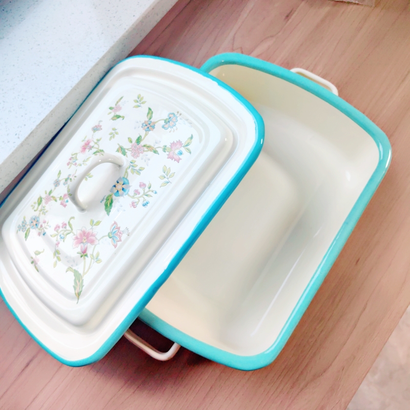 搪瓷烤盘带盖加厚家用方盘面包盘保鲜盒耐高温珐琅盘