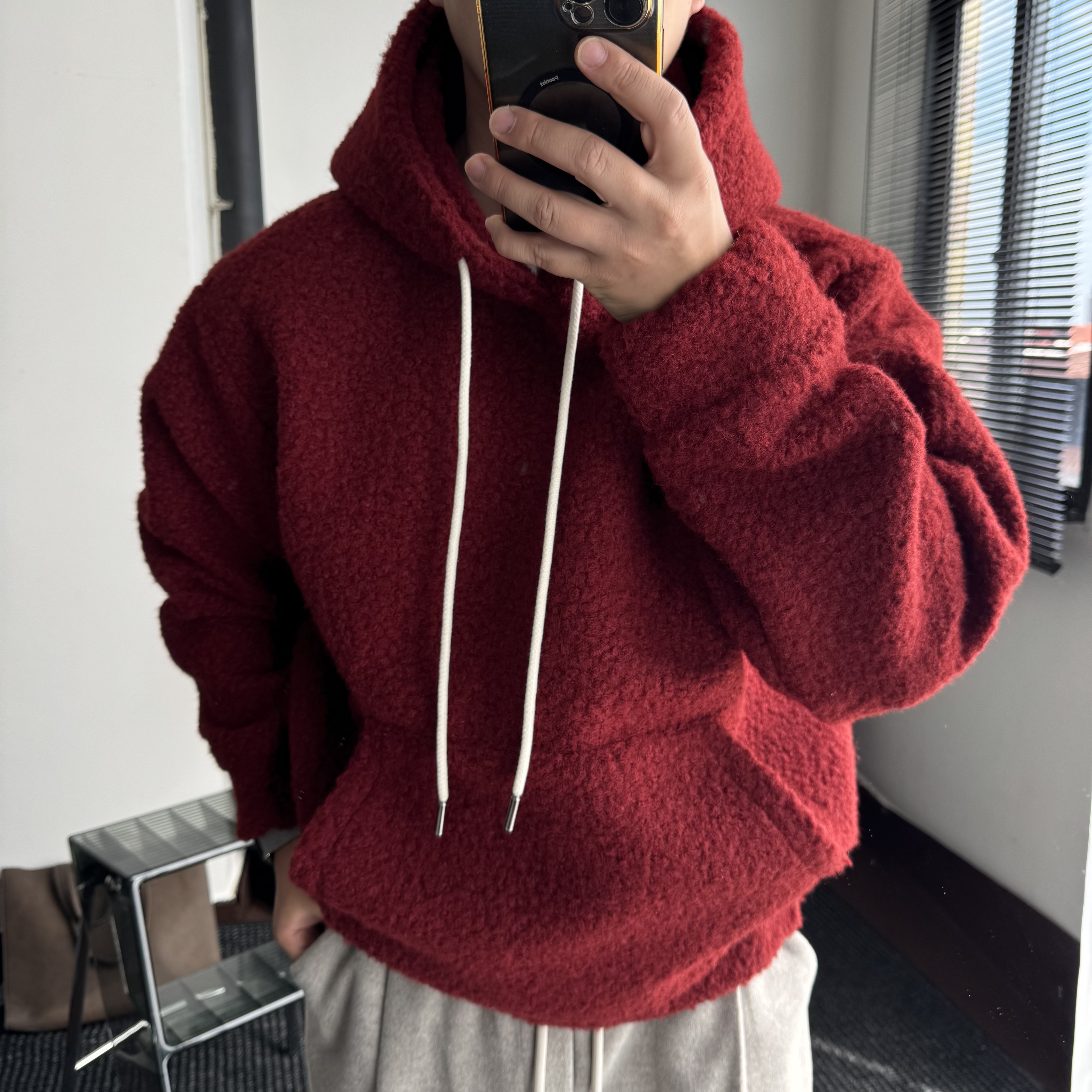 陆星家【双纱圈圈呢2.0版】抽绳款保暖冬季男士连帽卫衣休闲W107-1