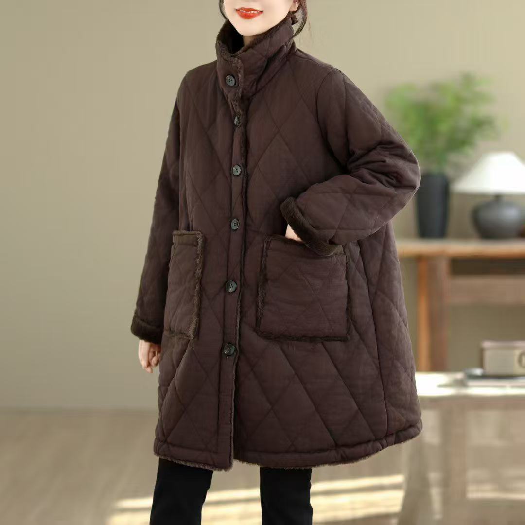 【女人空间】棉麻兔绒中长款棉服