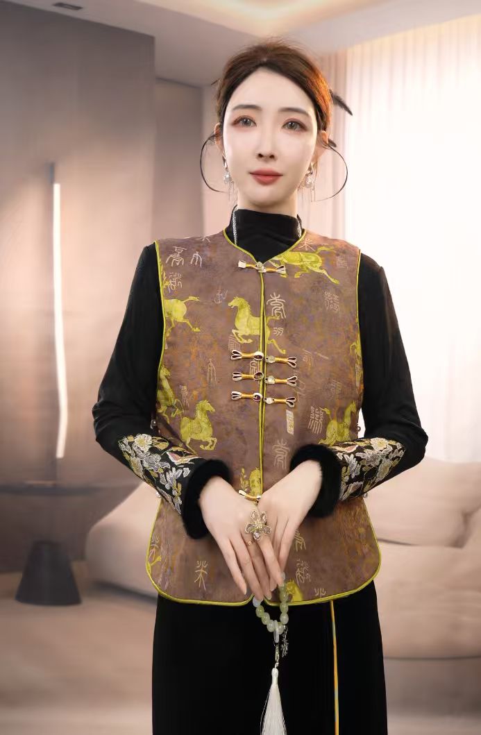 马到成功立体装饰马甲提花马夹中式百搭优雅风
