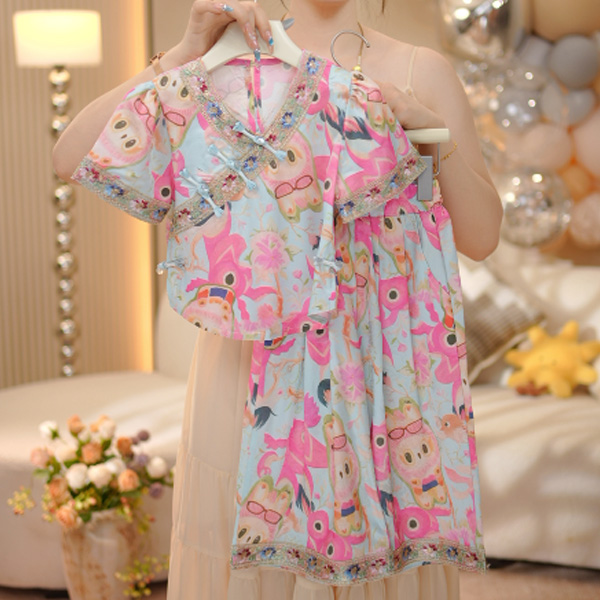 【一甜】女童国风薄款套装夏季新中式T恤裙裤时髦中大童2025新款