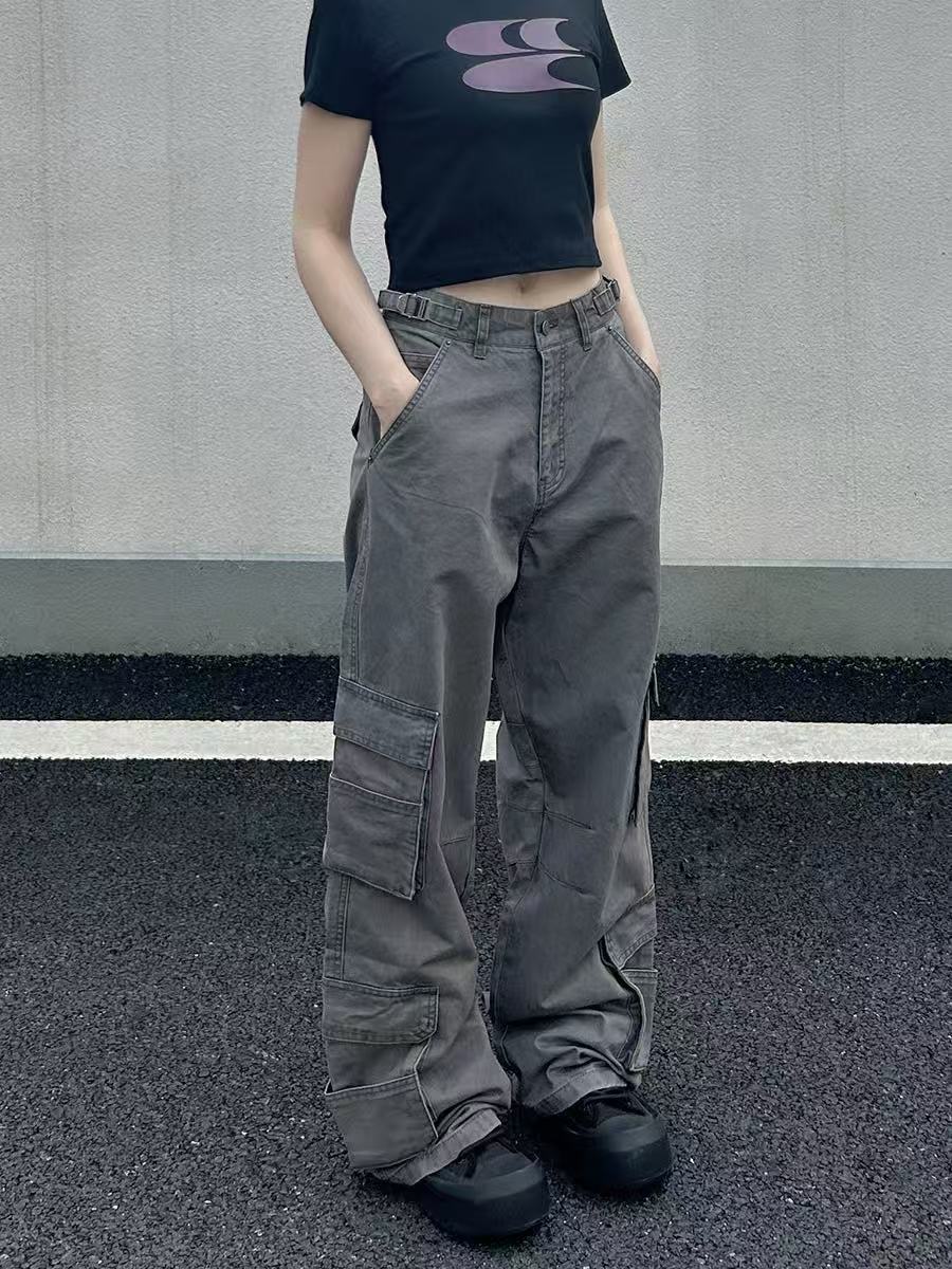 美式复古多口袋工装裤男女街头宽松直筒