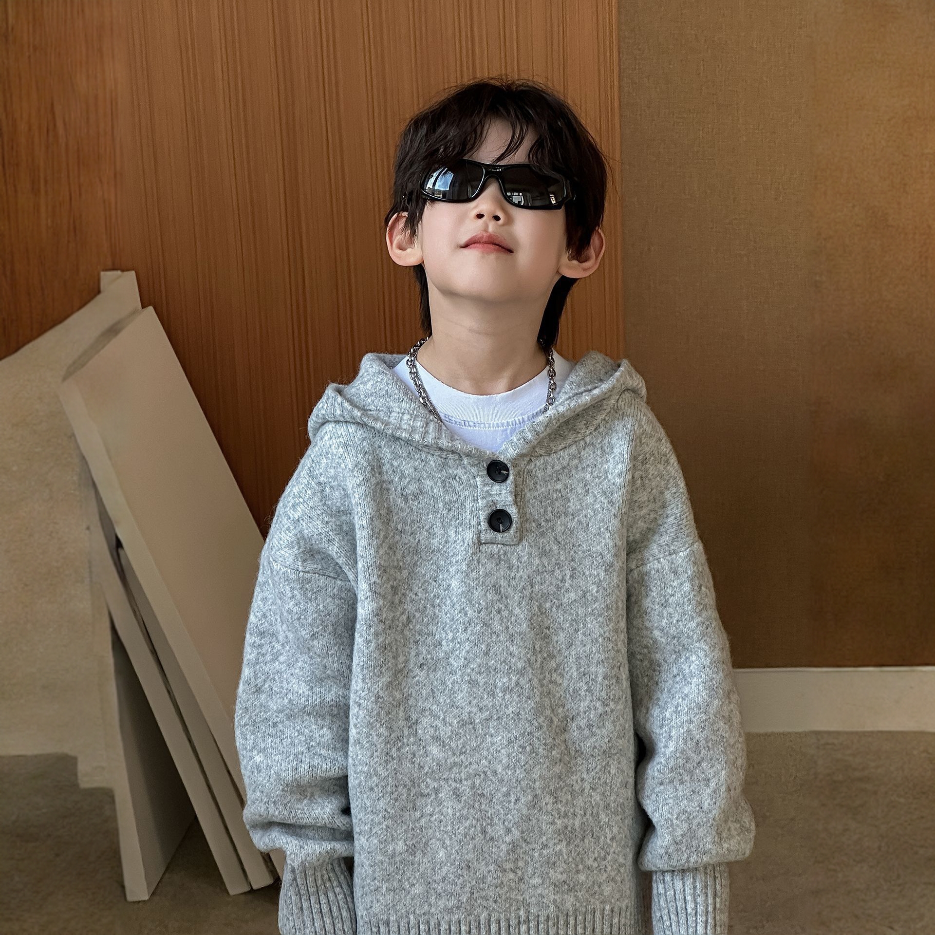 男童10羊毛毛衣儿童秋季韩版2025新款连帽秋款童装套头针织上衣潮
