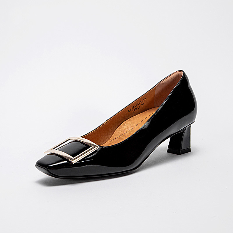 气质矩形金属扣浅口高跟鞋女百搭粗跟单鞋CN2B5151