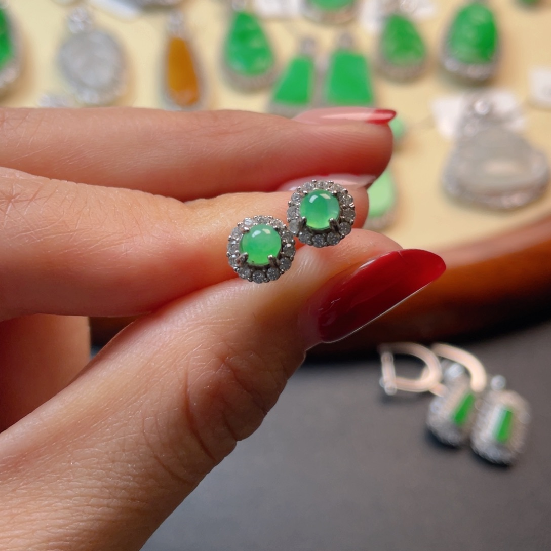 翡翠吊坠(不含链)银S925镶嵌耳钉