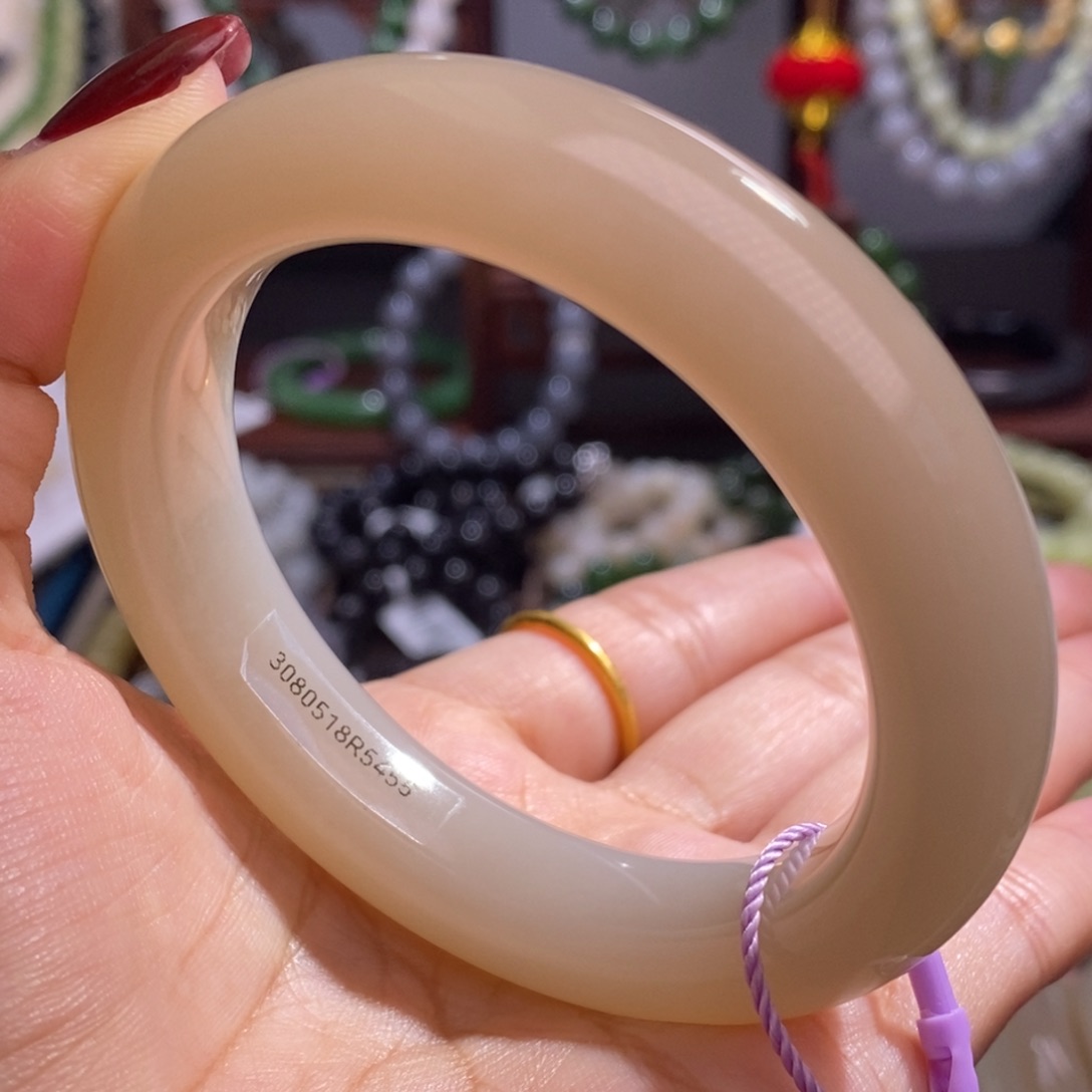 和田玉毕业级老矿料油膏料红粉厚装手镯55.3未镶嵌