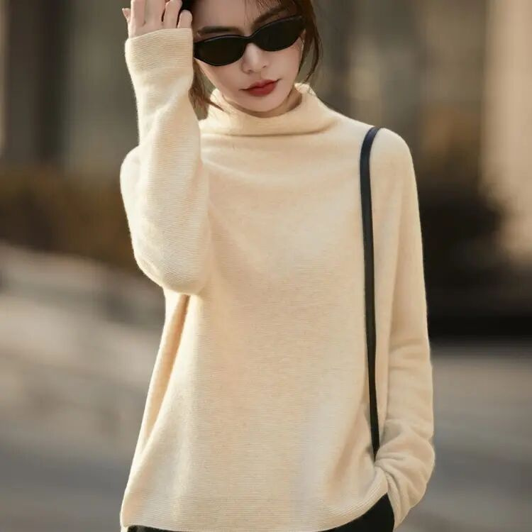100羊毛堆堆领时尚针织衫毛衣中长款下摆开叉宽松慵懒羊毛衫