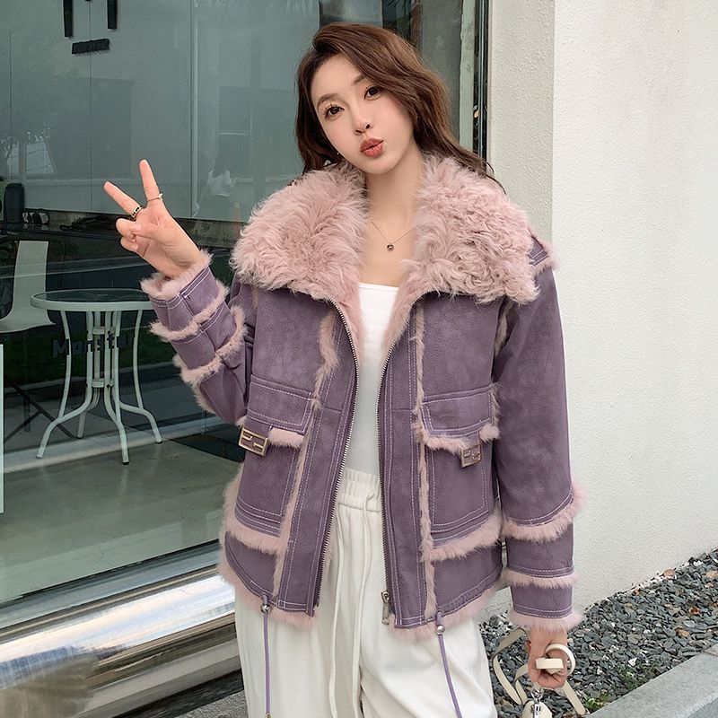 新款冬季皮毛一体外套真兔毛女短款休闲皮草羊羔毛毛领机车夹克