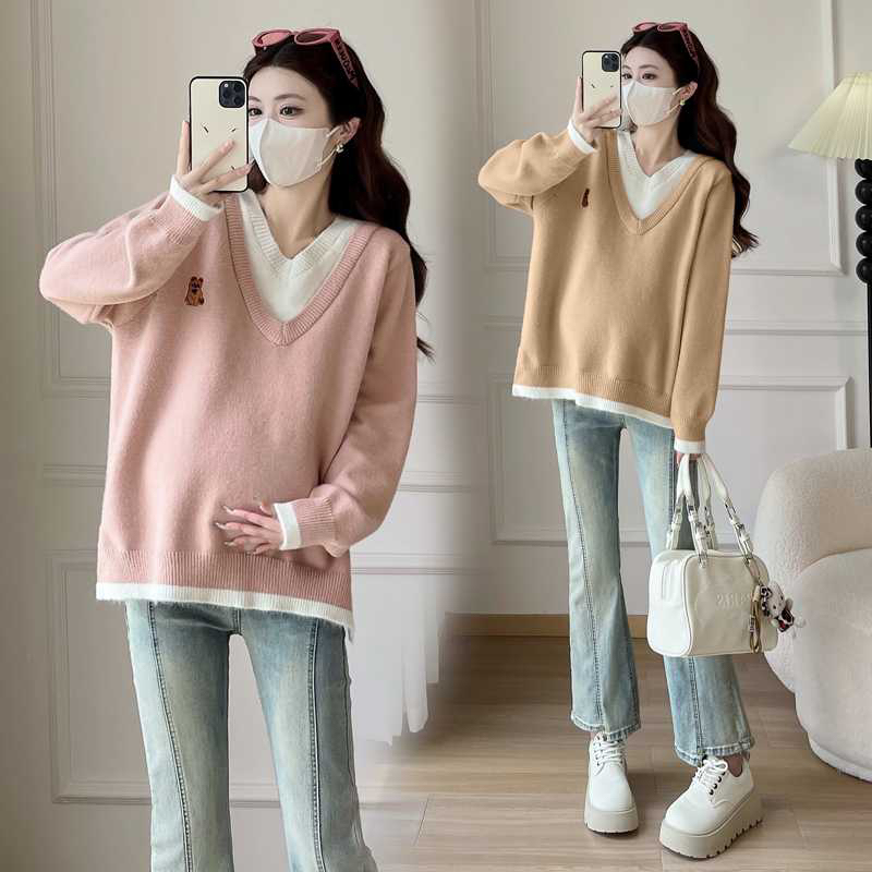 孕妇假两件V领长袖毛衣冬季打底内搭显瘦套头针织上衣
