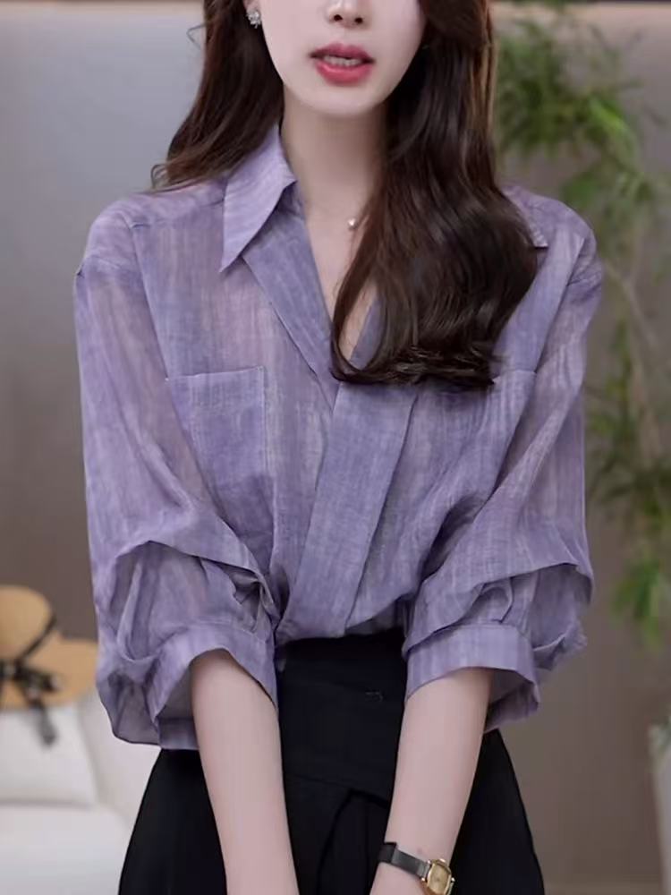 法式复古渲染短袖薄款衬衫女夏季新款时尚设计感百搭气质宽松衬衣