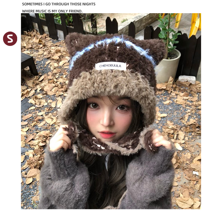 可爱猫耳针织毛绒帽女秋冬季2025新款百搭显脸小防寒保暖护耳帽子