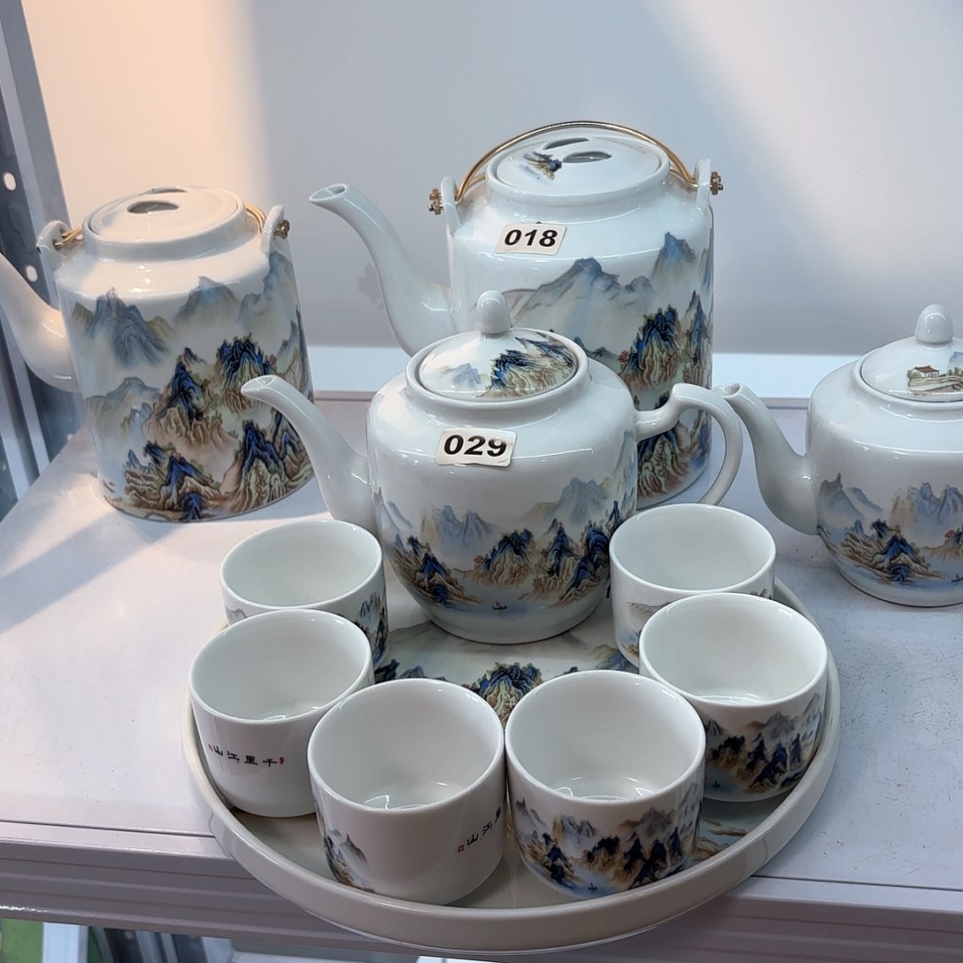 壶陶瓷千里江山图两斤侧把壶➕六个杯子