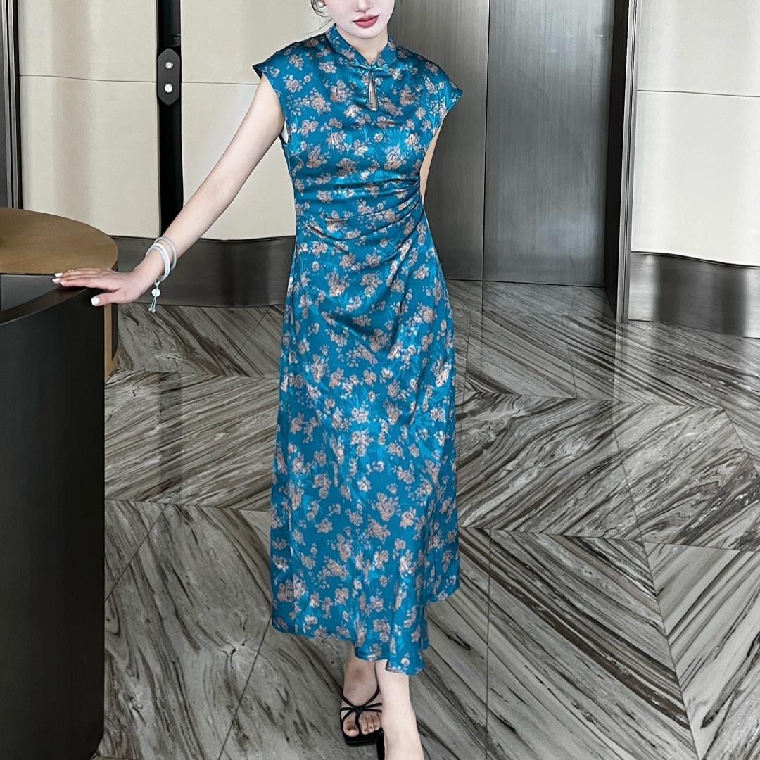 25309立领提花旗袍式连衣裙腰间压褶显瘦轻薄透气夏季女
