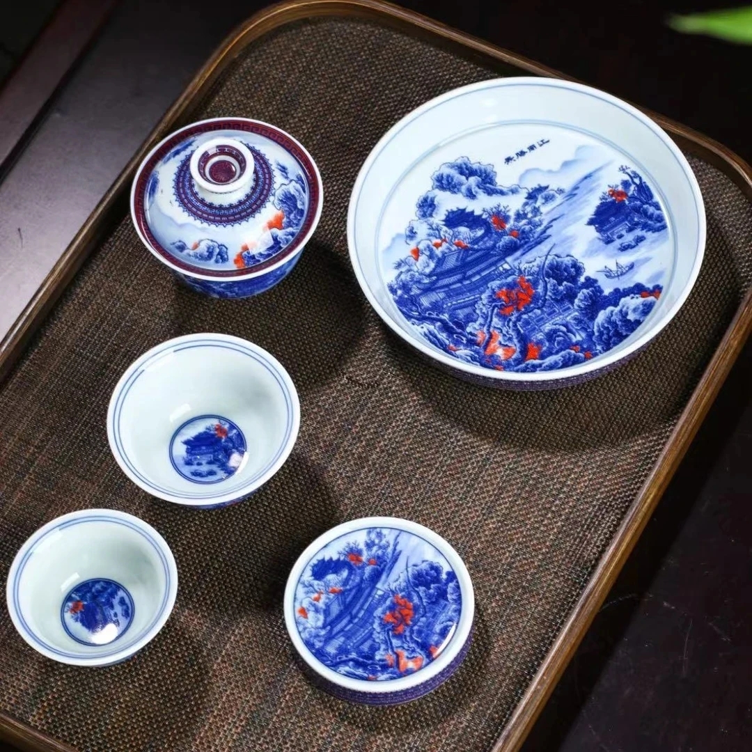 景德镇手工制作釉下彩青花釉里红江南胜景陶瓷茶具套装（多款选择）