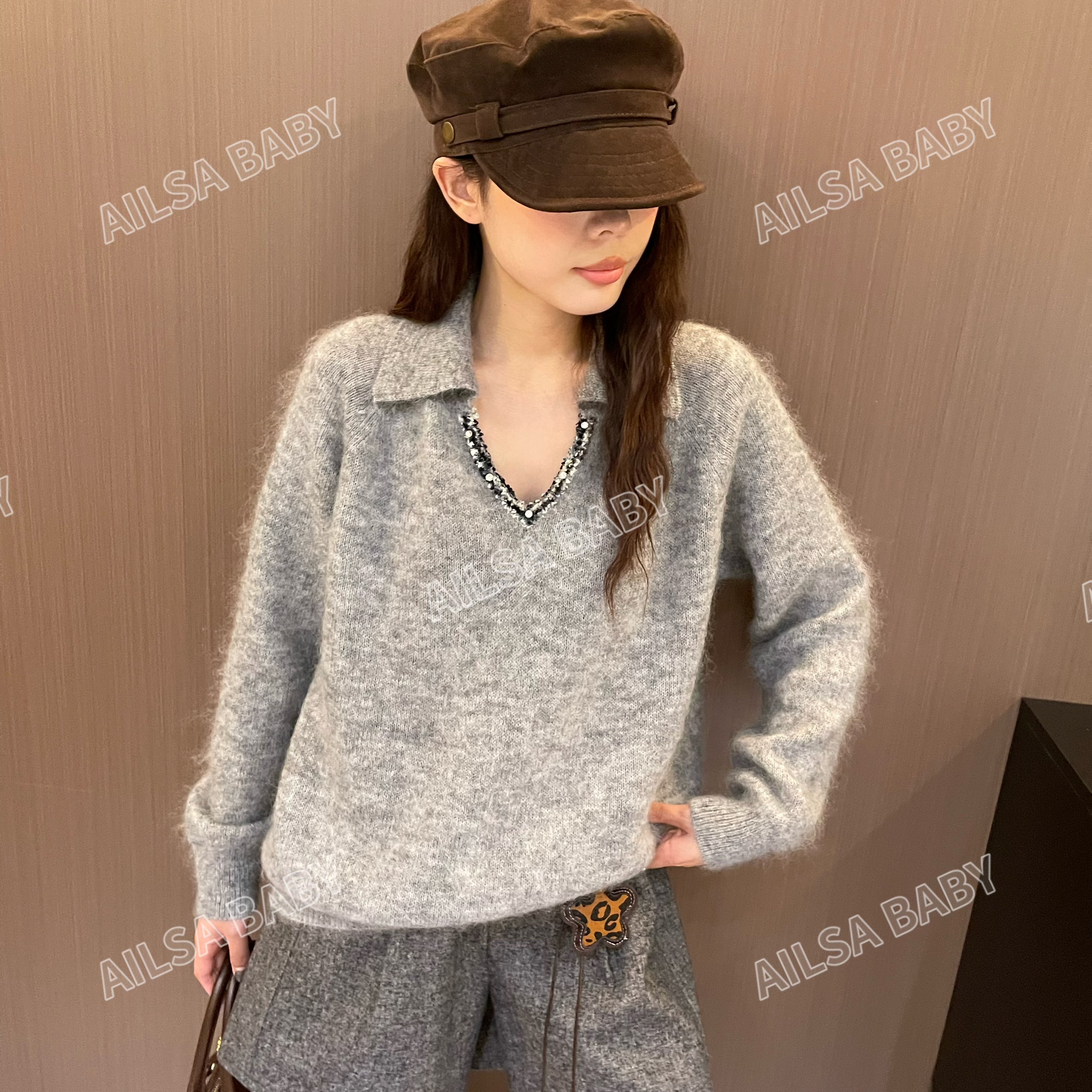 【AILSA BABY】欧货高级感V领领口带亮闪毛衣/92255A