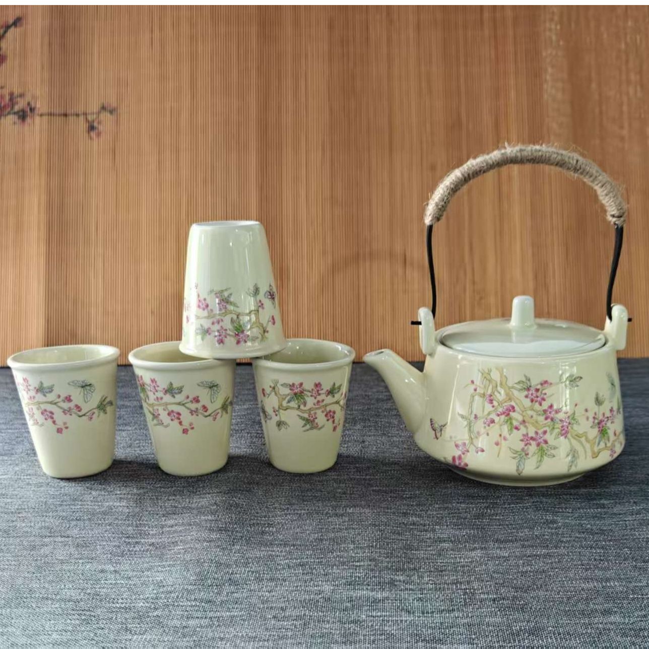 亮光黄（麻绳）提梁壶-紫藤花+4日式杯----------------------供47