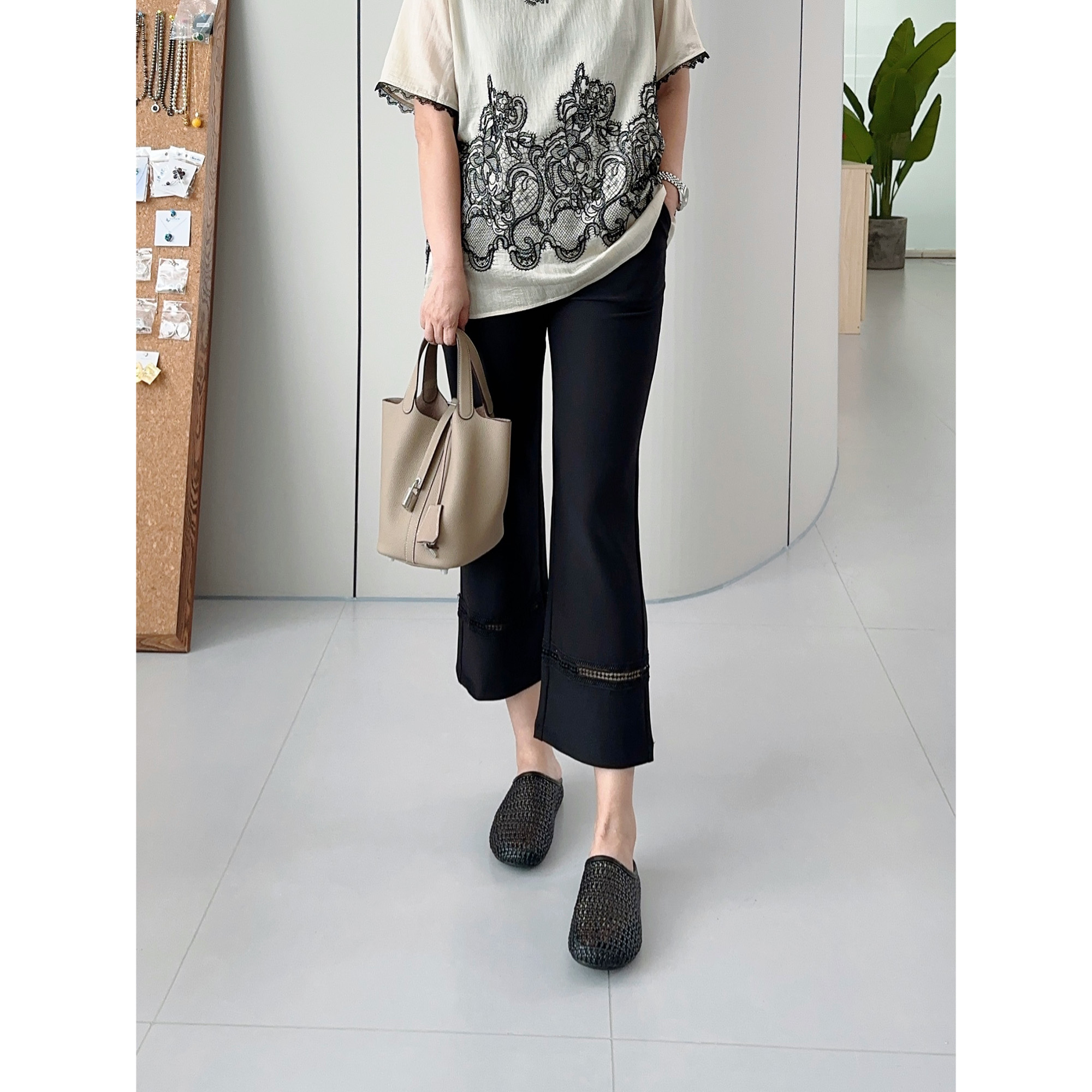 微胖女装【裸感小黑裤】夏季九分裤松紧腰休闲裤拼接裤脚微喇裤9122