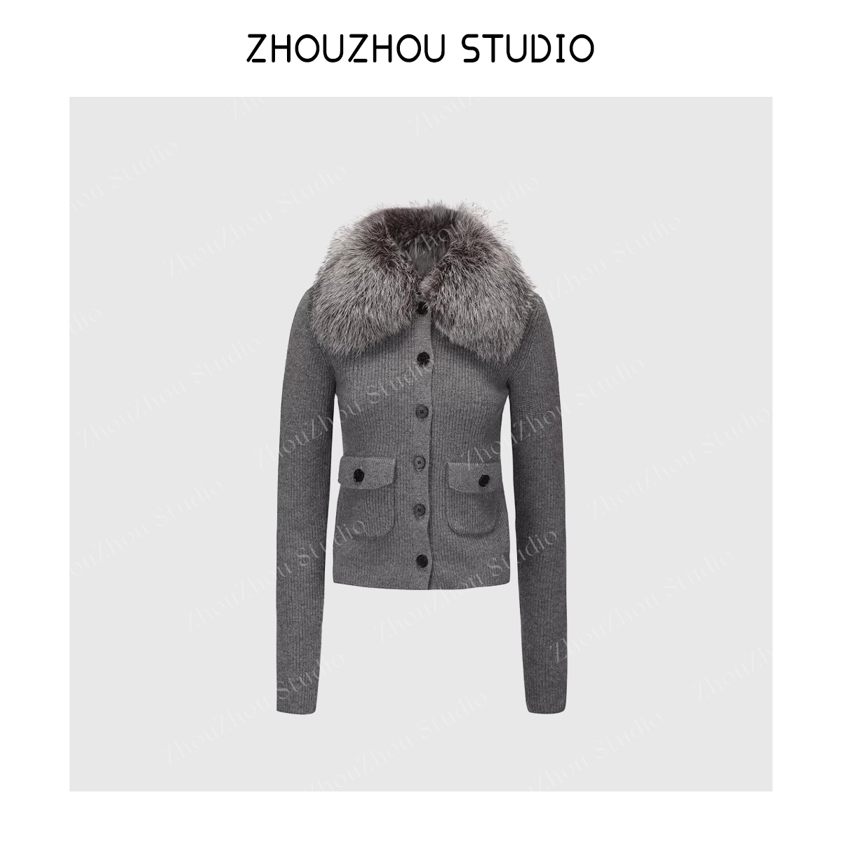 ZhouZhou25秋冬新品 设计感拼狐领针织开衫