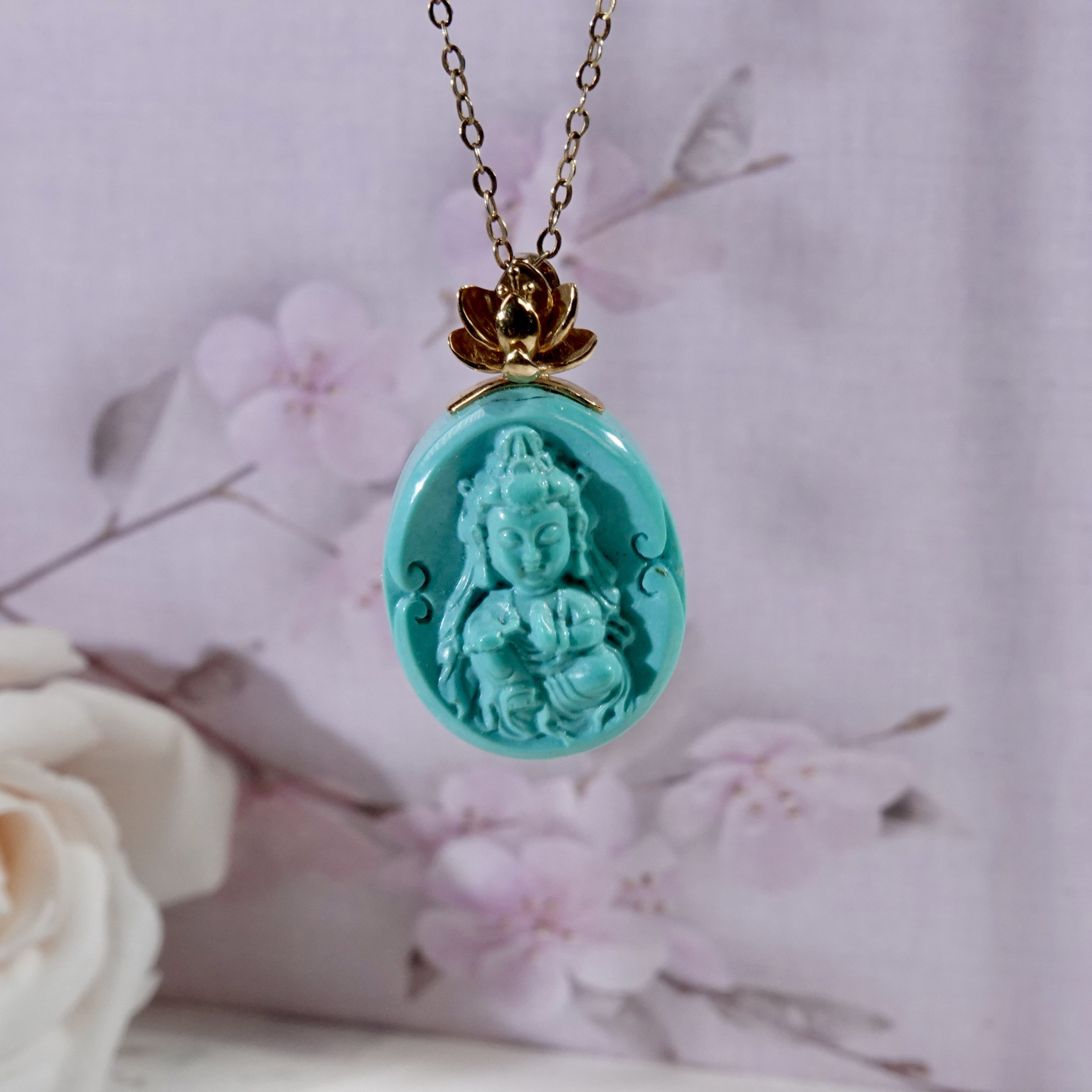 原矿湖北绿松石金镶时尚设计款宝宝观音吊坠